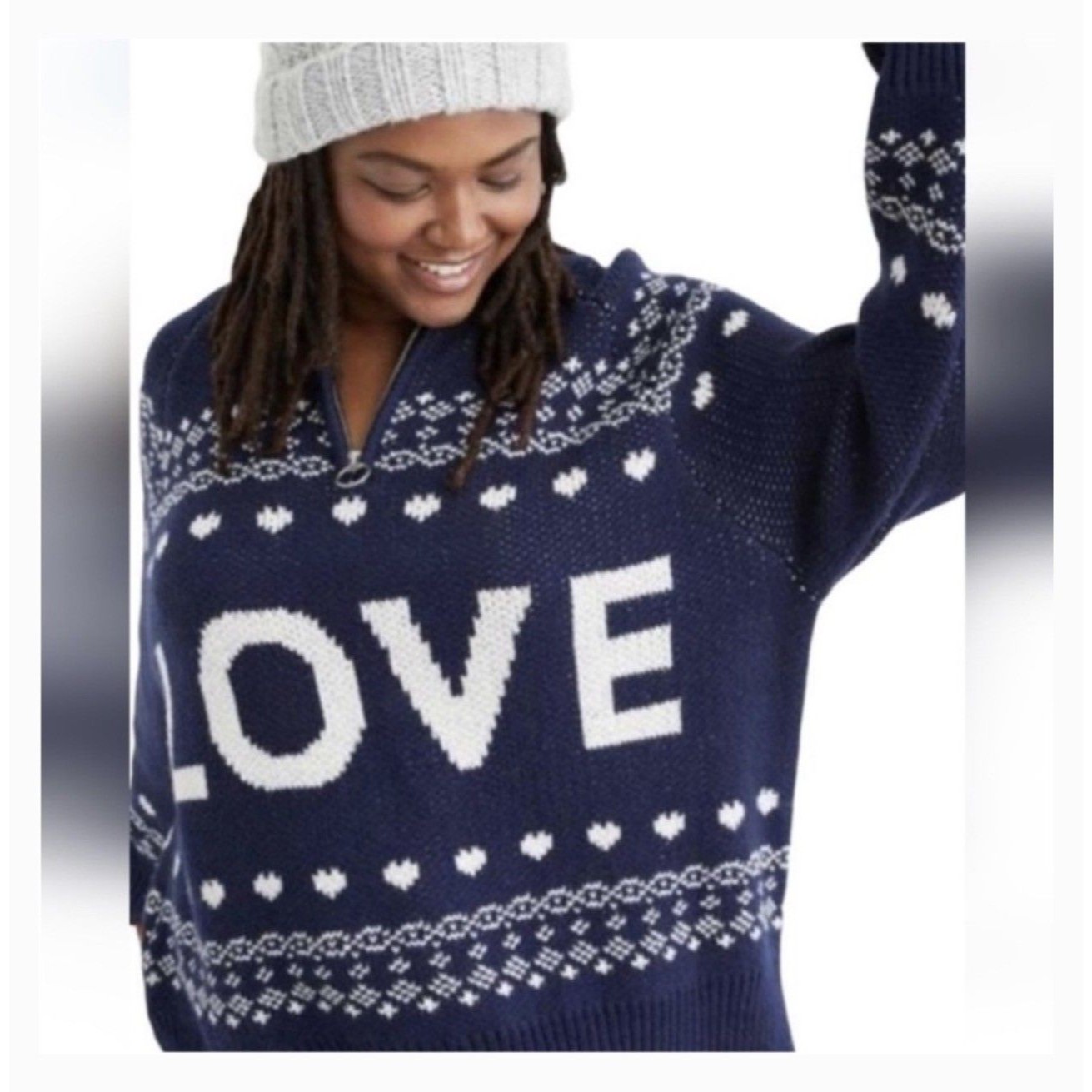 Aerie Knit Love 1/4 Zip Blue Oversized Pullover Sweater Fair Isle Size Xl